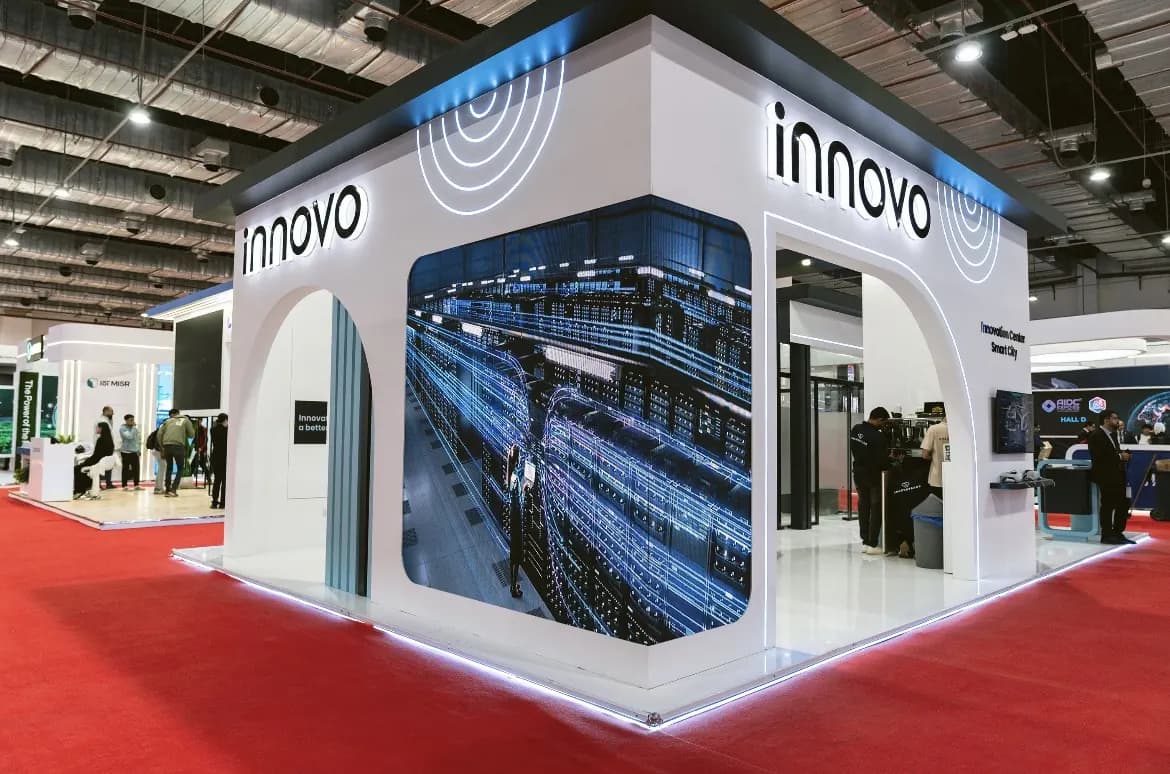 Architectural exhibition booth with a distinctive three-dimensional design